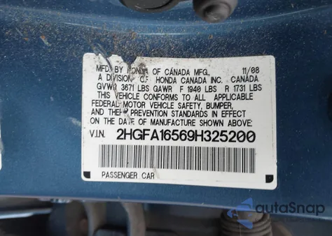 2009 Honda Civic Lx z USA, uszkodzony, nr VIN 2HGFA16569H325200